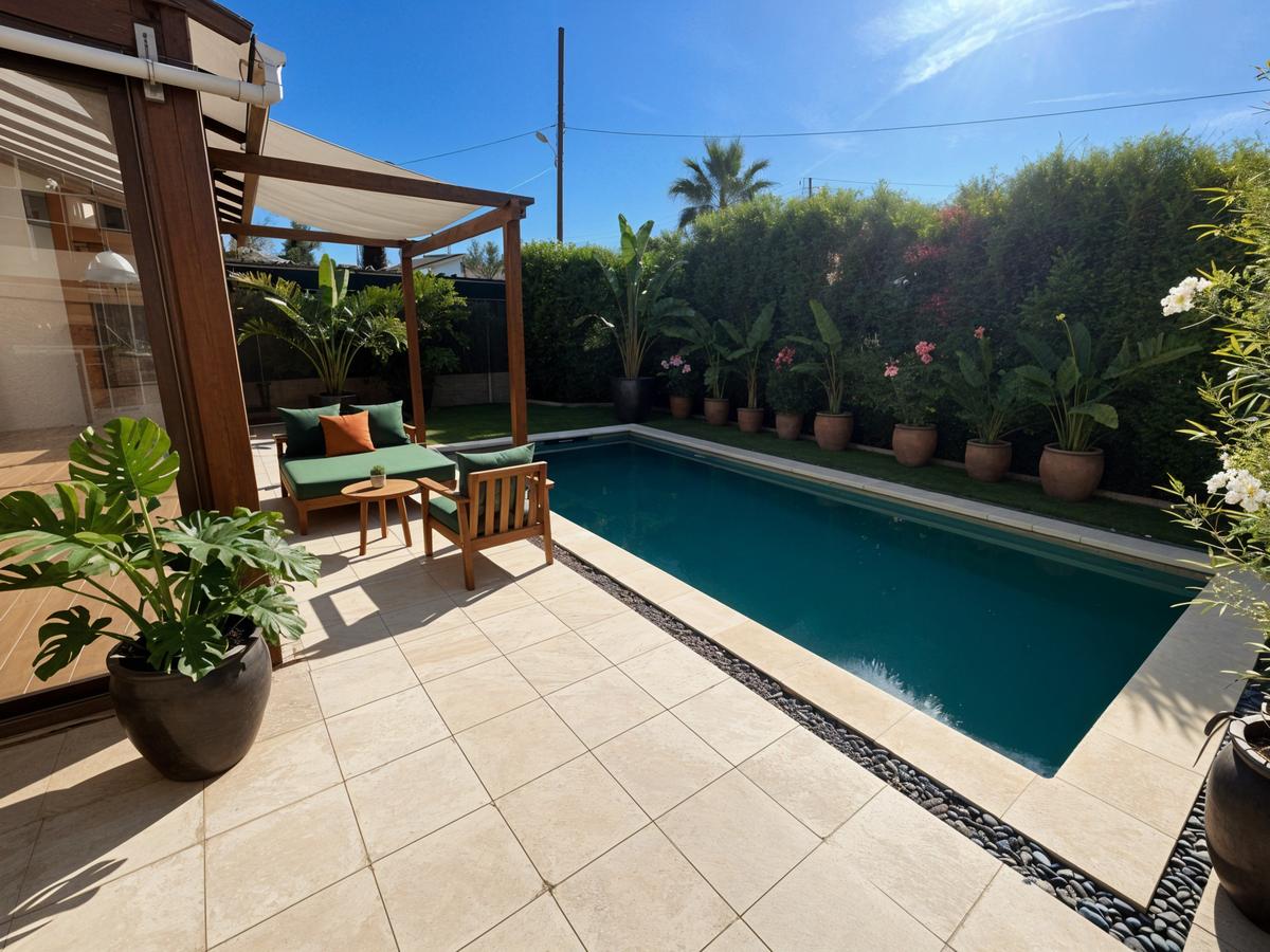 Modern landscaped garden with pool and patio