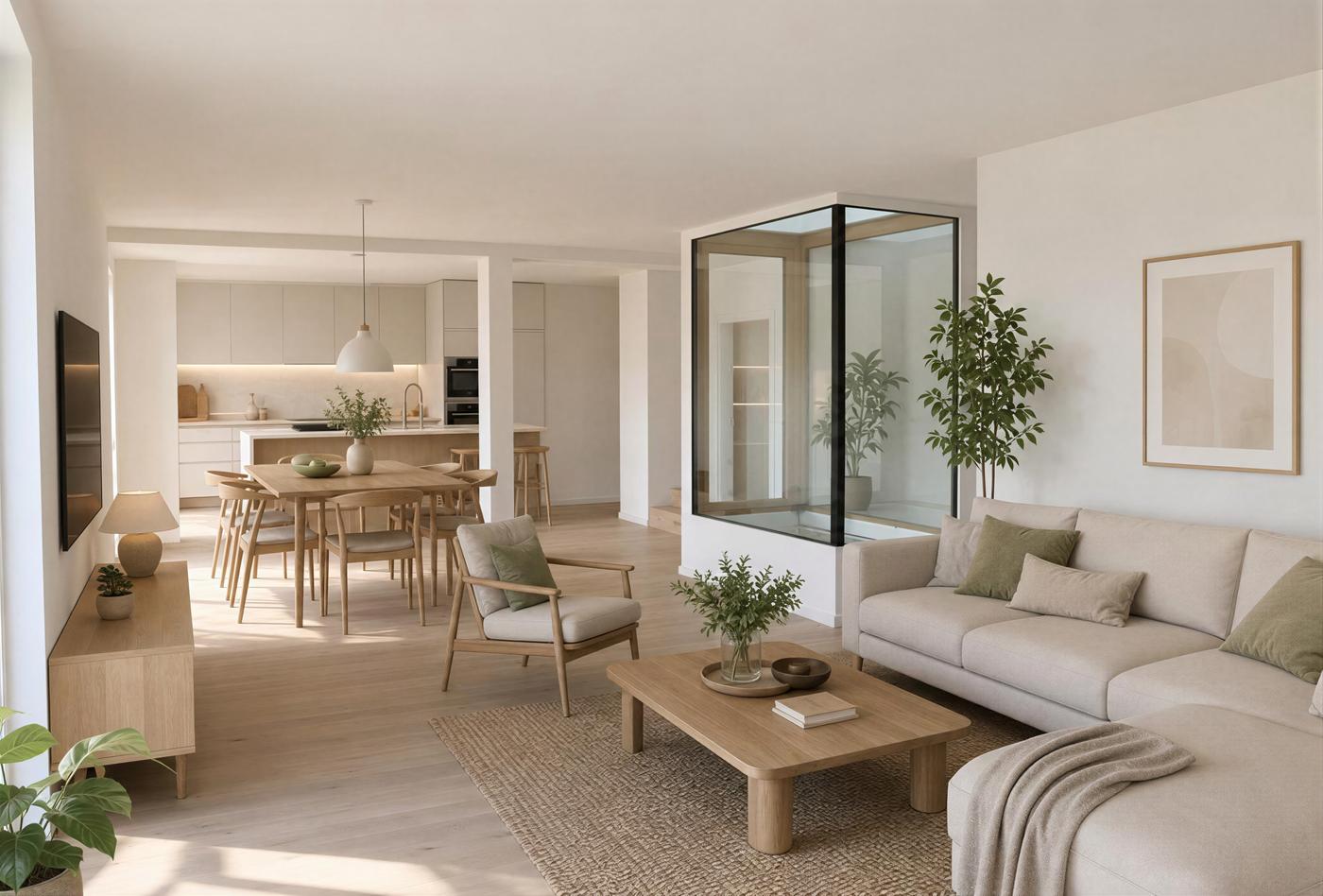 Empty to Scandinavian kitchen-living furnishing