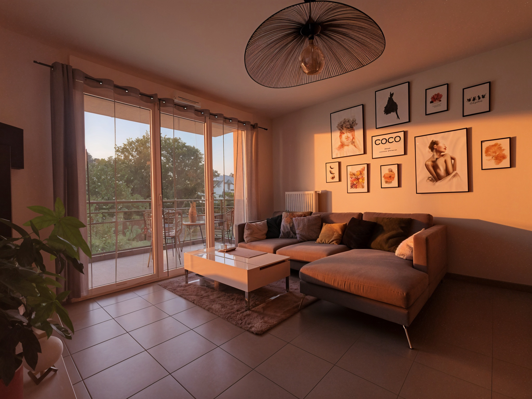 Daytime interior to pink sunset ambiance transformation