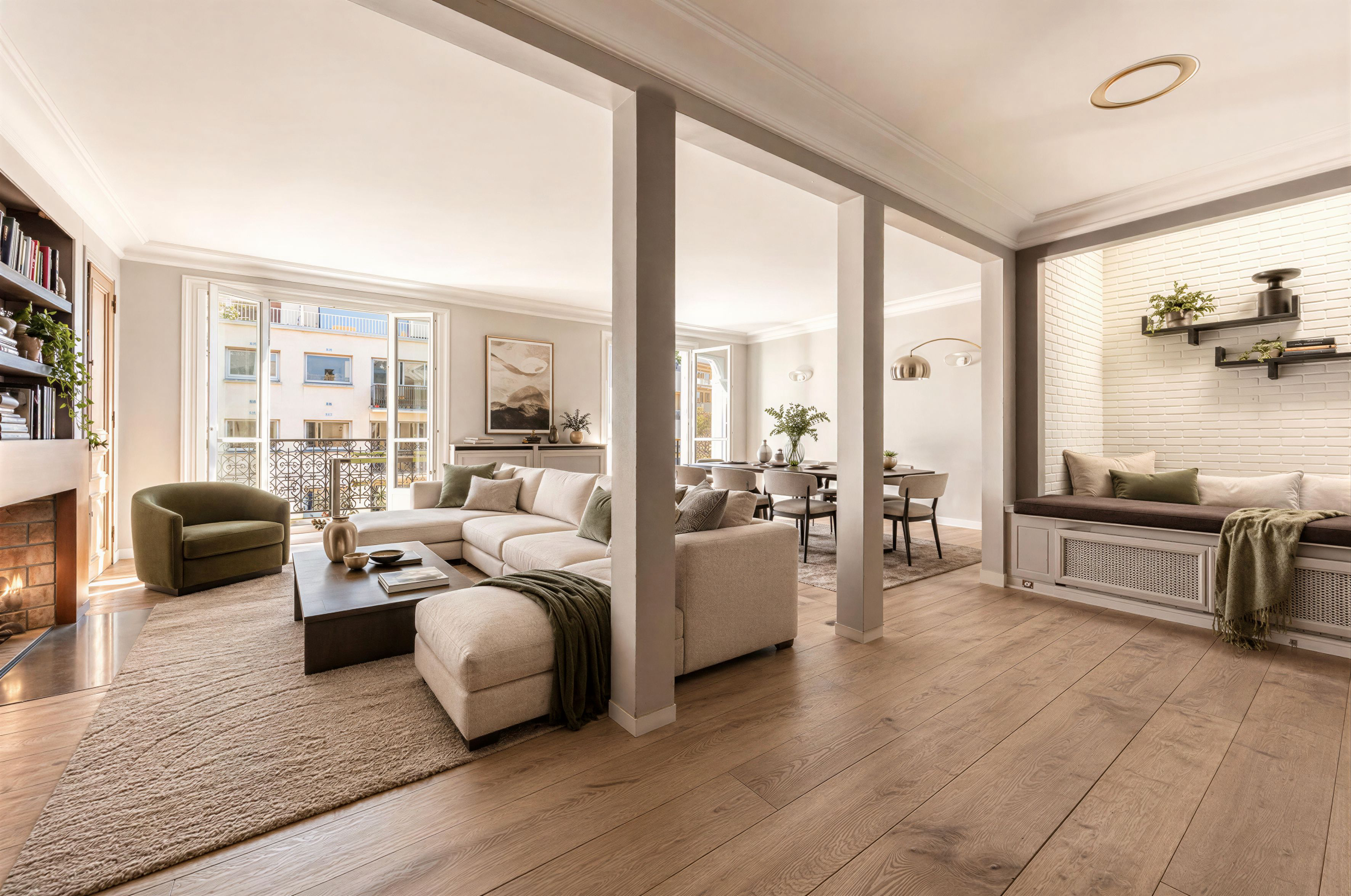 Empty room before / Gepetto staging after, sunlit and auto-furnished